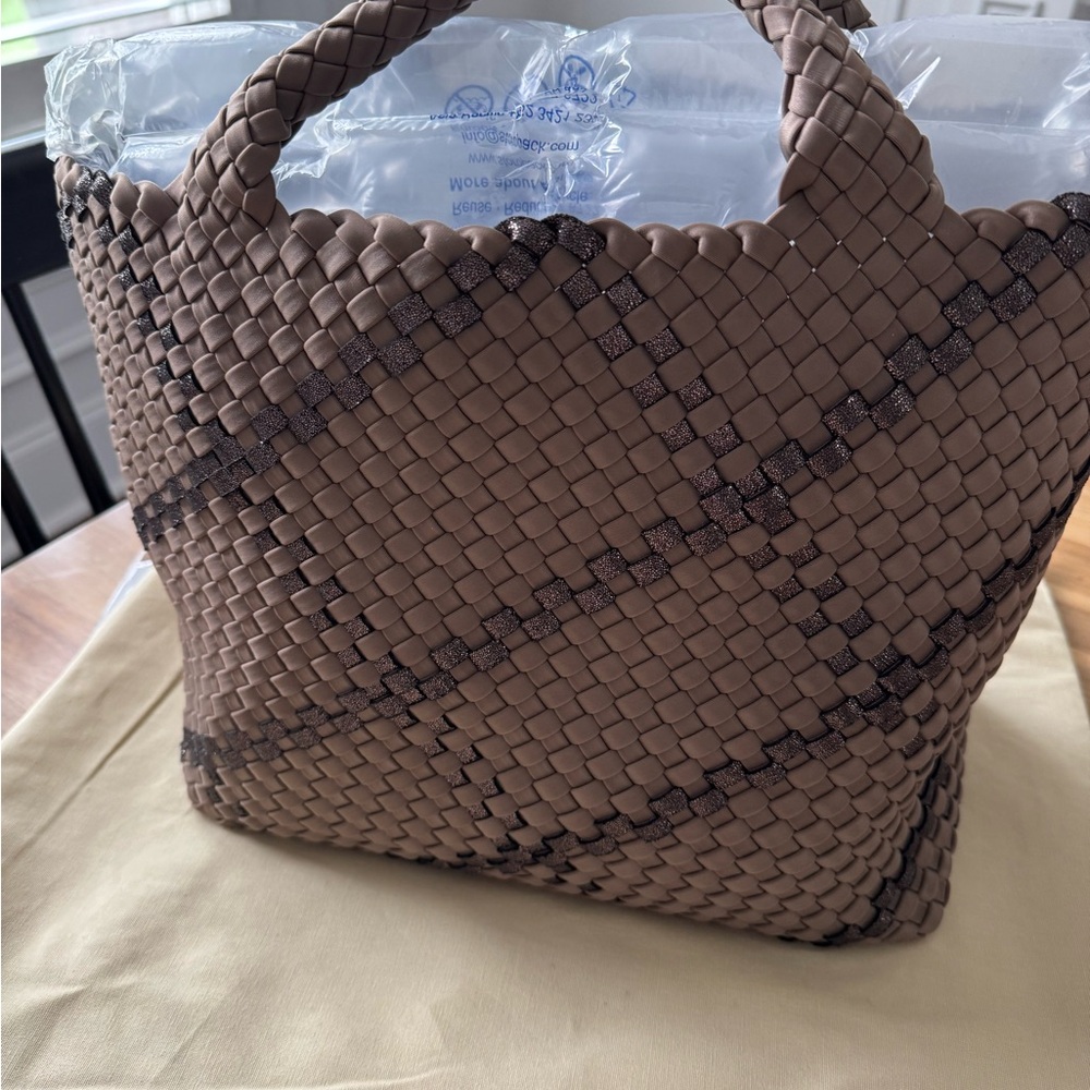 Naghedi Brown Woven Tote Bag with Basket-Weave Design